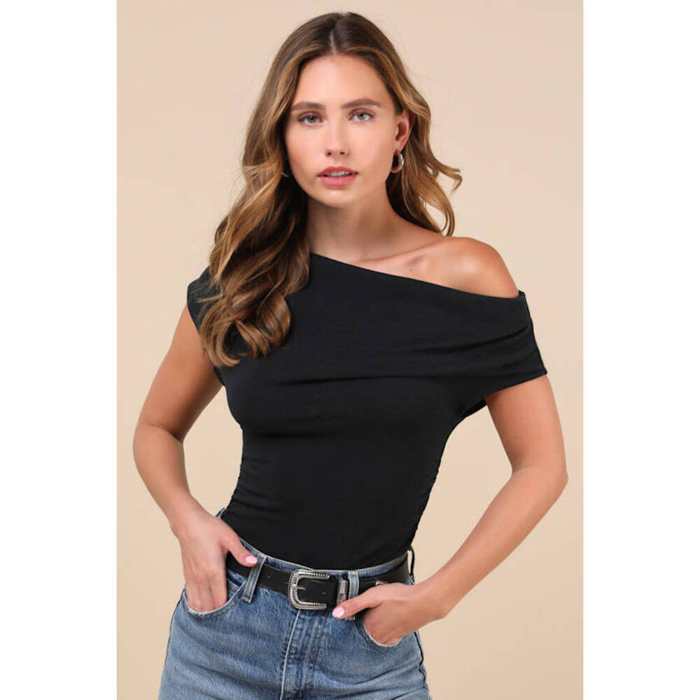 Lulus Expert Poise Black Ruched One-shoulder Top - Size XXS